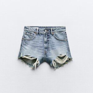 Zara High Waist Ripped TRF Denim Shorts, Size 6, Medium Washed Blue